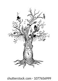 Grim gloomy ink tree - dark abstract vector linear contour drawing. Gothic creepy Sketch. Crow, lantern, butterfly, tree, oak, clock, roots, death, eyes, mysticism. Cover for notebook, postcard.
