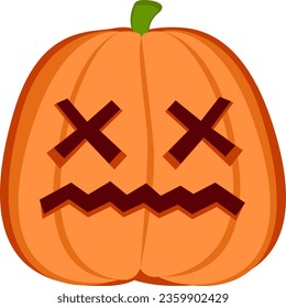 Grim Jack O' Lantern : Halloween Pumpkin Isolated : This eerie orange pumpkin, carved into a cartoon face lifeless with hollow, soulless eyes and a trembling, zigzag-shaped mouth.