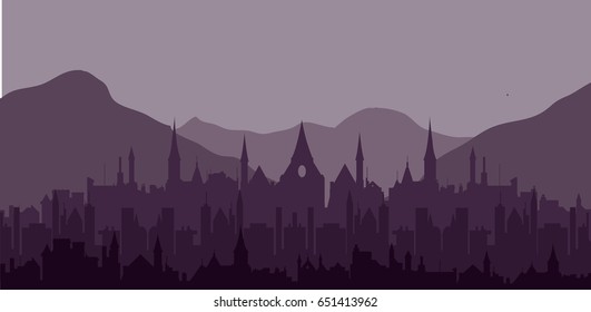 Grim old town and mountains silhouette vector illustration