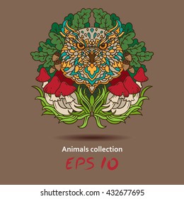 Grim owl in the oak thickets. Vector illustration of the beautiful owl and poisonous mushrooms. Color vector illustration with a fabulous owl.