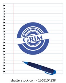 Grim pen emblem. Blue ink. Vector Illustration. Detailed.