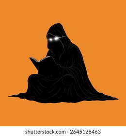 The Grim Reader A cloaked figure with glowing eyes engrossed in a book against an orange backdrop symbolizing knowledge and mystery