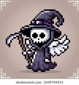 grim reaper in 8 bit pixel art. Halloween costumes for game assets and cross stitch patterns in vector illustration.