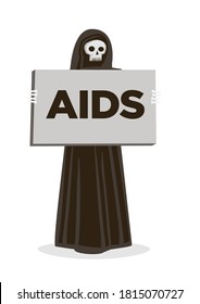 Grim reaper with a AIDS banner. Awareness to AIDS. Vector illustration isolated on a white background.