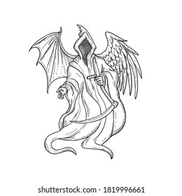 Grim Reaper or Angel of Death with Bird Wing and Bat Wing Black and White Drawing 