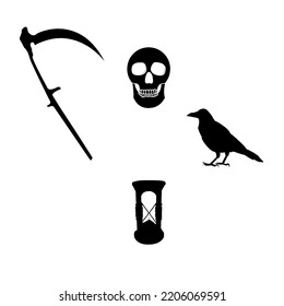 grim reaper angel death skull skeleton scythe time hourglass crow raven gothic soul collector black silhouette vector shadow horror art spooky Halloween drawing symbol signs figure die dying dead 