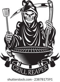 Grim reaper barbecuing and banner with text “grill reaper”