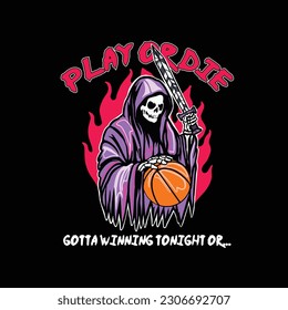 Grim reaper with a basketball ball. Vector illustration on a black background.