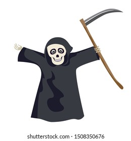 Grim reaper in black cloak with hood and a scythe isolated on a white background. Smiling skull. Vector illustration of funny cartoon character in simple flat style.