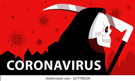 Grim Reaper in black cloak and symbols of Coronavirus. Concept of coronavirus quarantine, victims, mortality and danger. Vector illustration modern style.