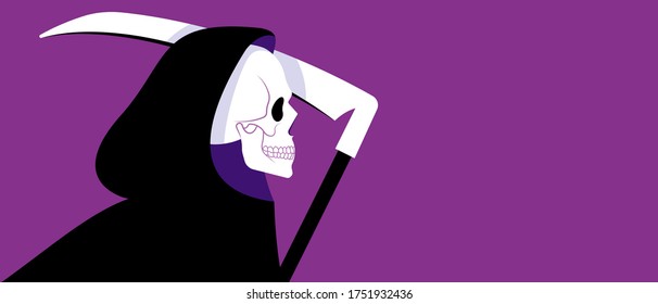 Grim Reaper in black cloak. Vector illustration with copy space. Banner with purple background.