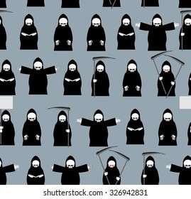 Grim Reaper  in black clothes seamless pattern. Background of Many deaths. Texture for  dreaded holiday Halloween. Fabric ornament.