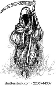 Grim Reaper Black Death with scythe, Halloween element, isolated vector sketch illustration, hand drawn.