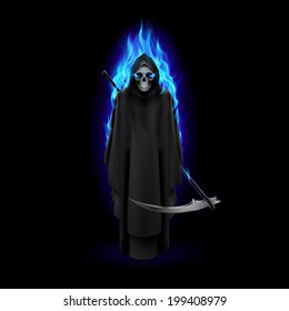 Grim Reaper in blue flame over black baclground