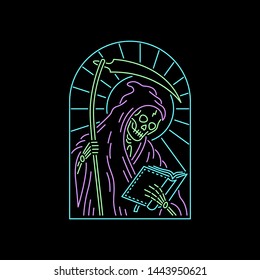 GRIM REAPER WITH BOOK COLOR NEON BADGE BLACK BACKGROUND