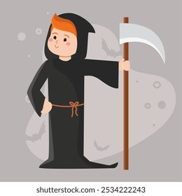 Muchacho de la parca sombría con la guadaña para Halloween, Vector