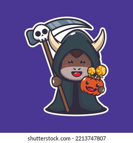 Grim reaper bull holding scythe and halloween pumpkin. Cute halloween cartoon illustration. 