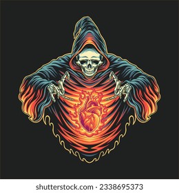 
grim reaper with burning heart illustration for tshirt design, logo, or stickers