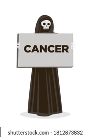 Grim reaper with a Cancer banner. Awareness to Cancer. Vector illustration isolated on a white background.