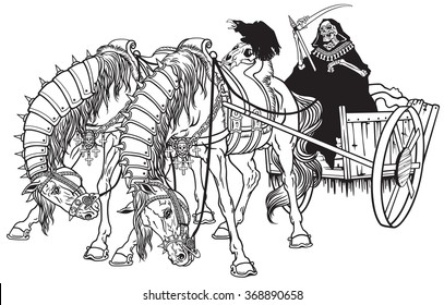 grim reaper in a cart of death harnessed by two horses . Black and white illustration