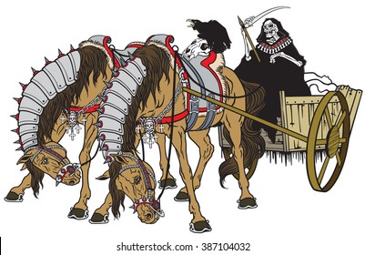 grim reaper in a cart of death pulled by two horses. Image isolated on white