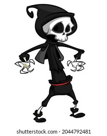 Grim reaper cartoon character. Halloween skeleton design for party invitation or poster. Vector scarecrow isolated
