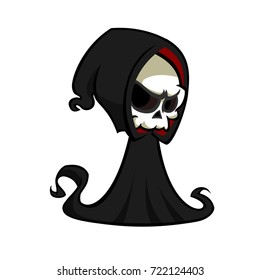 Grim reaper cartoon character  isolated on a white background. Cute death character in black hood. Design for print, logo, emblem, sticker or party decoration