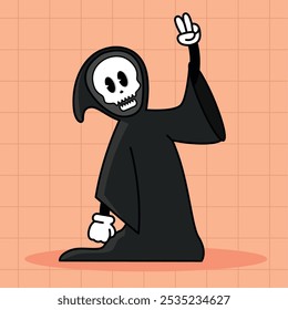 Grim reaper cartoon character making peace sign, Vector