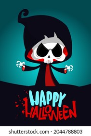 Grim reaper cartoon character with scythe. Halloween funny death skeleton illustration. Package, poster or greeting invitation design. Vector isolated