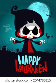 Grim reaper cartoon character with scythe. Halloween funny death skeleton illustration. Package, poster or greeting invitation design. Vector isolated