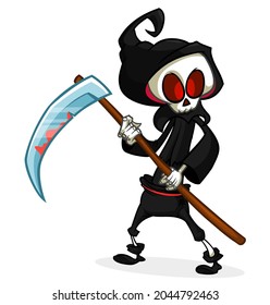 Grim reaper cartoon character with scythe. Halloween funny death  skeleton design for party invitation or poster. Vector scarecrow isolated
