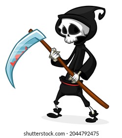 Grim reaper cartoon character with scythe. Halloween funny death  skeleton design for party invitation or poster. Vector scarecrow isolated
