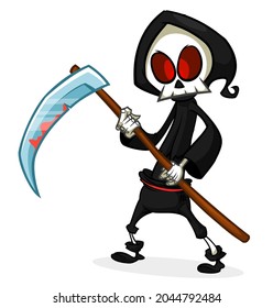 Grim reaper cartoon character with scythe. Halloween funny death  skeleton design for party invitation or poster. Vector scarecrow isolated
