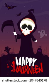 Grim reaper cartoon character with scythe. Halloween funny death skeleton illustration. Package, poster or greeting invitation design. Vector isolated