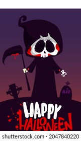 Grim reaper cartoon character with scythe. Halloween funny death skeleton illustration. Package, poster or greeting invitation design. Vector isolated