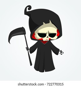 Grim reaper cartoon character with scythe isolated on a white background. Cute death character in black hood