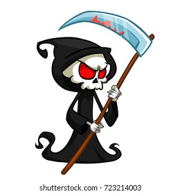 Grim reaper cartoon character with scythe isolated on a white background. Cute death character in black hood