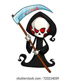 Grim reaper cartoon character with scythe isolated on a white background. Cute death character in black hood