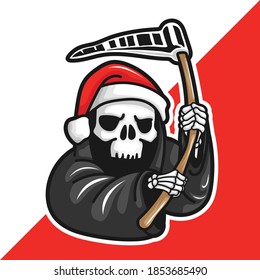 Grim reaper cartoon character wearing a Santa Claus hat. isolated vector illustration