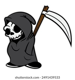 Grim reaper cartoon characters wearing modern robe with hoodie and carrying scythe. Best for sticker, logo, and mascot with Halloween themes.