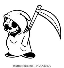 Grim reaper cartoon characters wearing modern robe with hoodie and carrying scythe. Best for outline, logo, and coloring book with Halloween themes