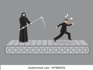 Grim Reaper and cartoon man running on treadmill. Creative vector illustration on futile effort to escape death metaphor isolated on grey background.