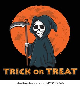 Grim Reaper Cartoon with Moon Background Halloween Card Invitation Vector Design Template