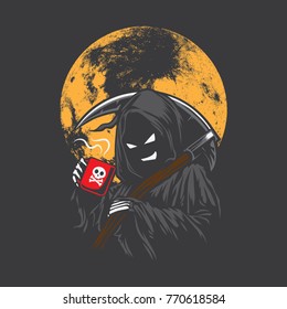 Grim reaper cartoon smile drinking poison coffee vector background.