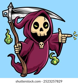 Grim Reaper Cartoon Vector Mascot Pose Bang bang shot Illustration, This design can be used for stickers and t-shirts.