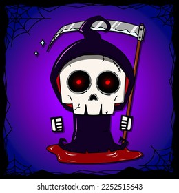 The Grim Reaper in cartoon vector style is depicted with a super dark purple coat and a sharp scythe. He is standing on a bloody floor with a purple background and a black spider web frame.