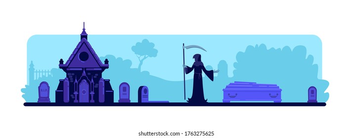 Grimisches Papier auf Friedhof flache Vektorgrafik. Grabsteine und alte Kryptobauten. Kaffee für die Vergrabungszeremonie. Wunderschöne 2D-Cartoonlandschaft auf dem Friedhof mit Grabsteinen und Bäumen auf dem Hintergrund