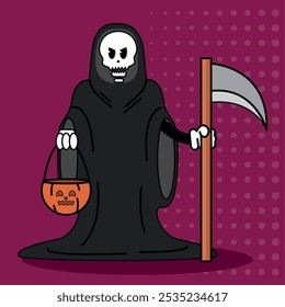 Grim reaper character holding scythe and pumpkin bucket, Vector