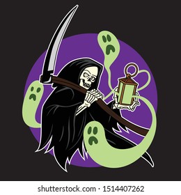 grim reaper character holding a soul lamp vector illustration