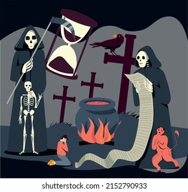 Grim reaper character with hourglass and scythe on abandoned cemetery flat background vector illustration